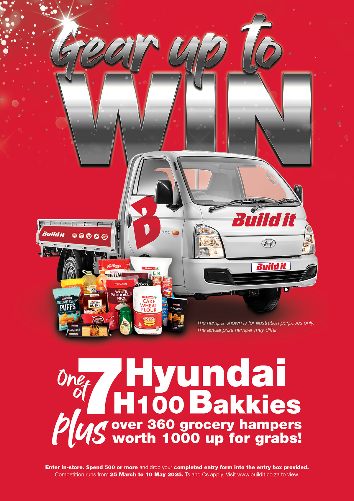 Gear up to Win 1 of 7 Hyundai H100 Bakkies Plus over 360 grocery hampers worth 1000 up for grabs!